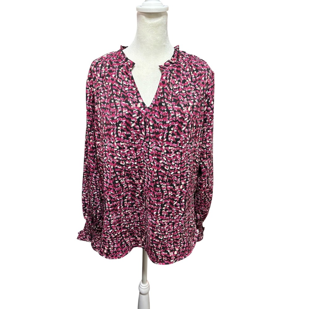 Mascomoda Pink Black Abstract Print Split Neck‎ Blouse Smocked Cuff Top L #593